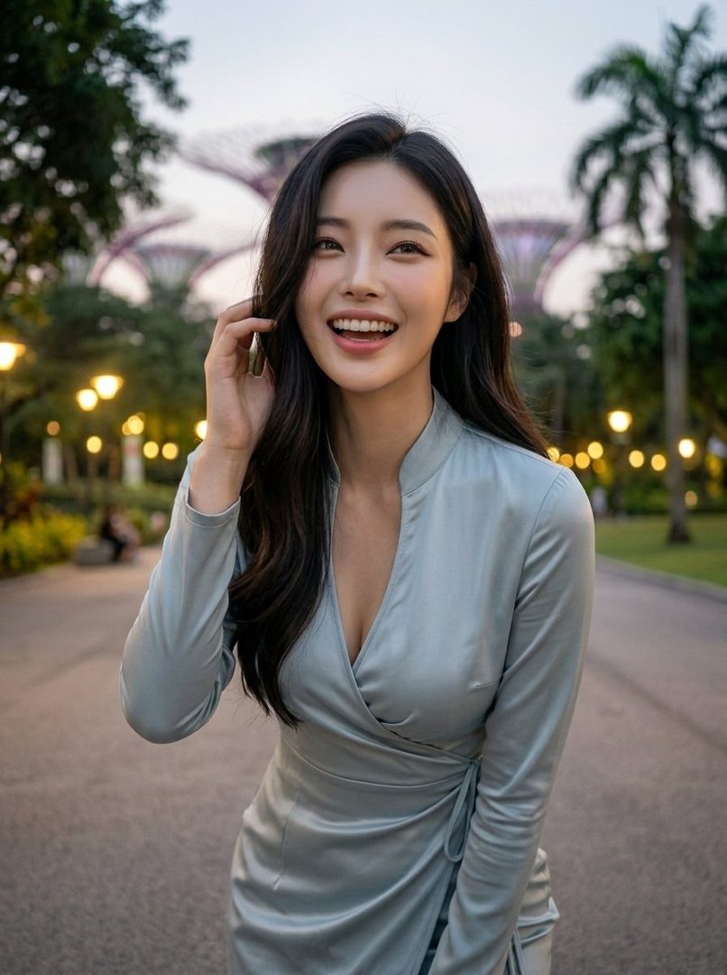 A beautiful woman with long dark hair smiles brightly while standing in an outdoor park with illuminated trees and structures in the background.