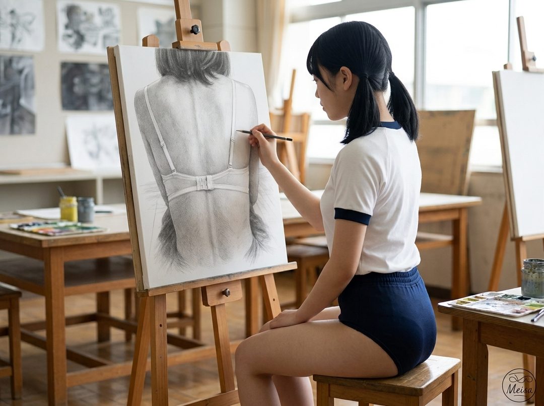 A young woman in a school uniform draws a detailed sketch of a person's back in a bra on an easel in an art classroom.