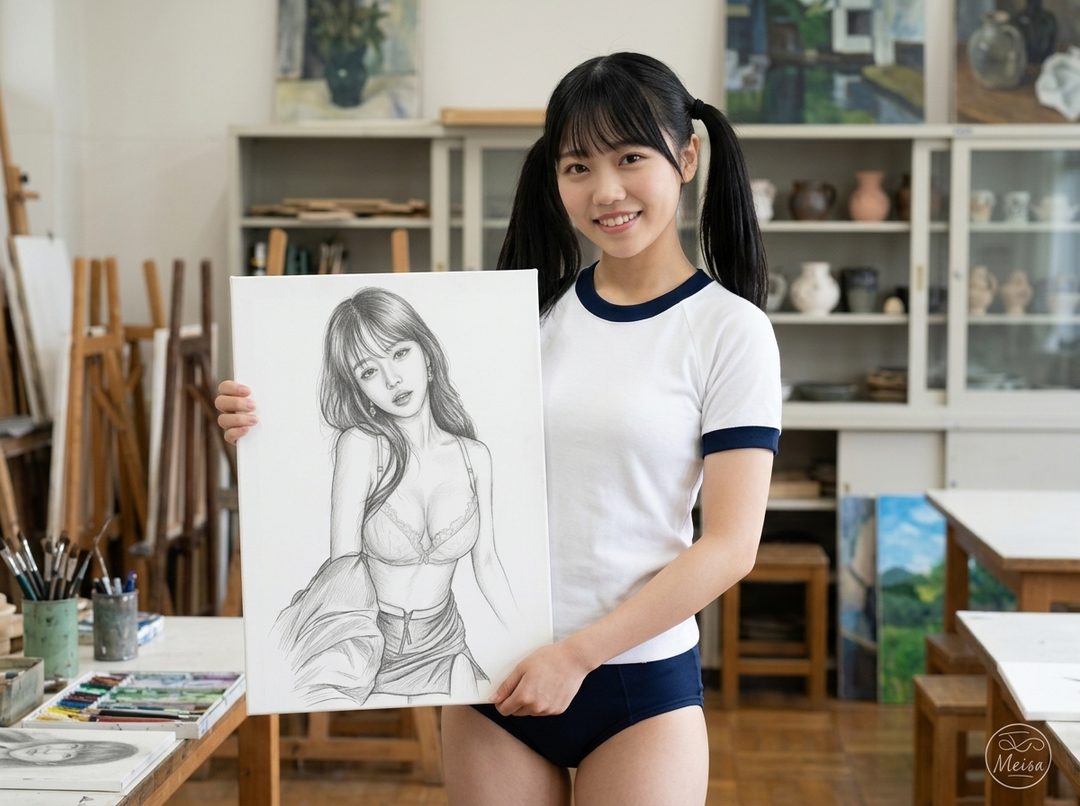 A young woman in a gym uniform holds up a drawing of a woman in lingerie.