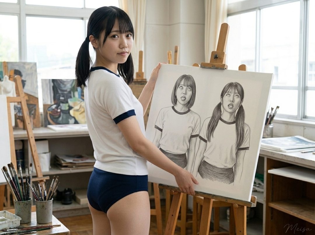 A young woman in a school uniform holds up a drawing of two girls in similar uniforms.