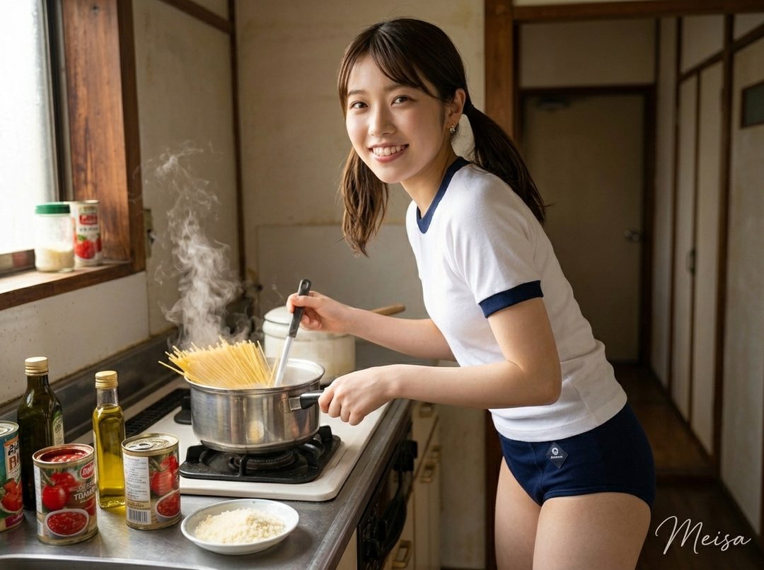 A young woman with brown hair in pigtails, wearing a white t-shirt and blue shorts, smiles as she cooks spaghetti in a kitchen.