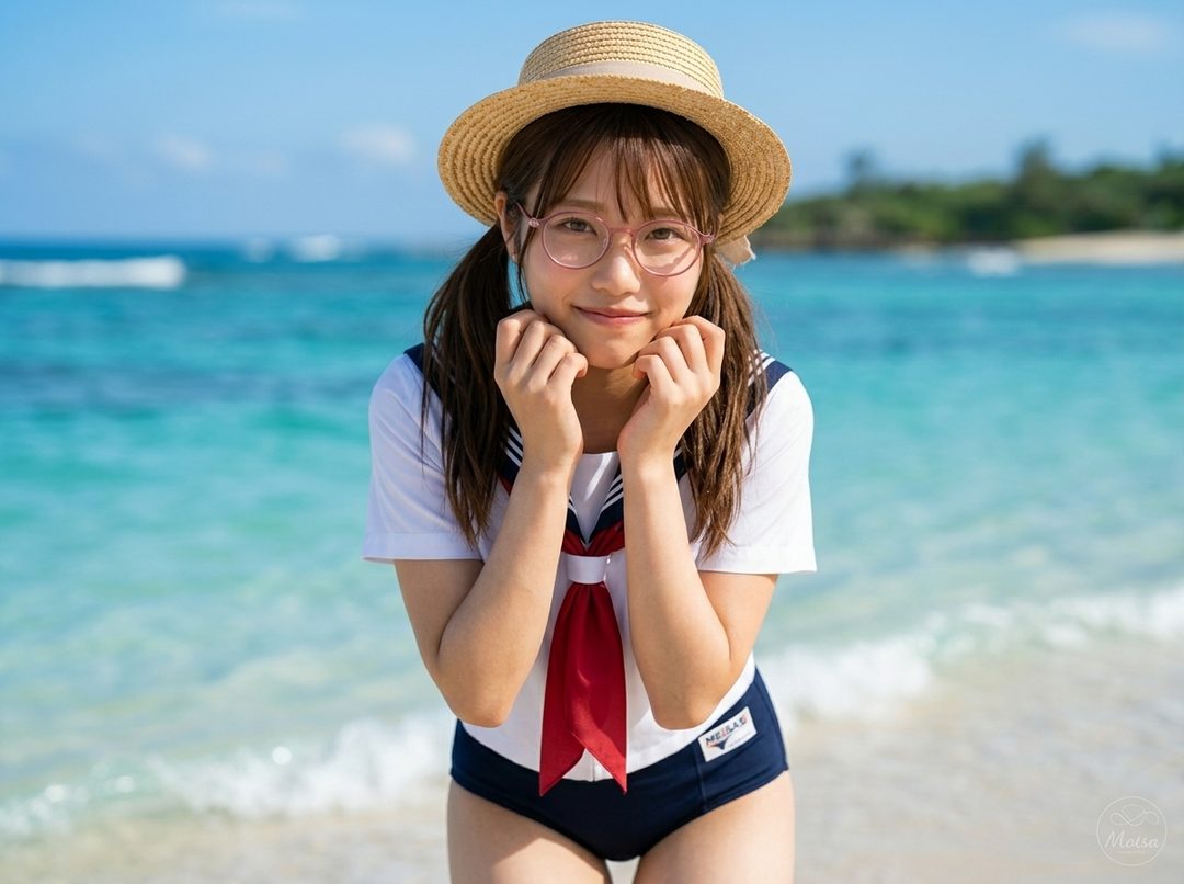 A young woman with brown hair in twintails, wearing a straw hat, glasses, and a sailor-style swimsuit, poses on a beach with the ocean in the background.