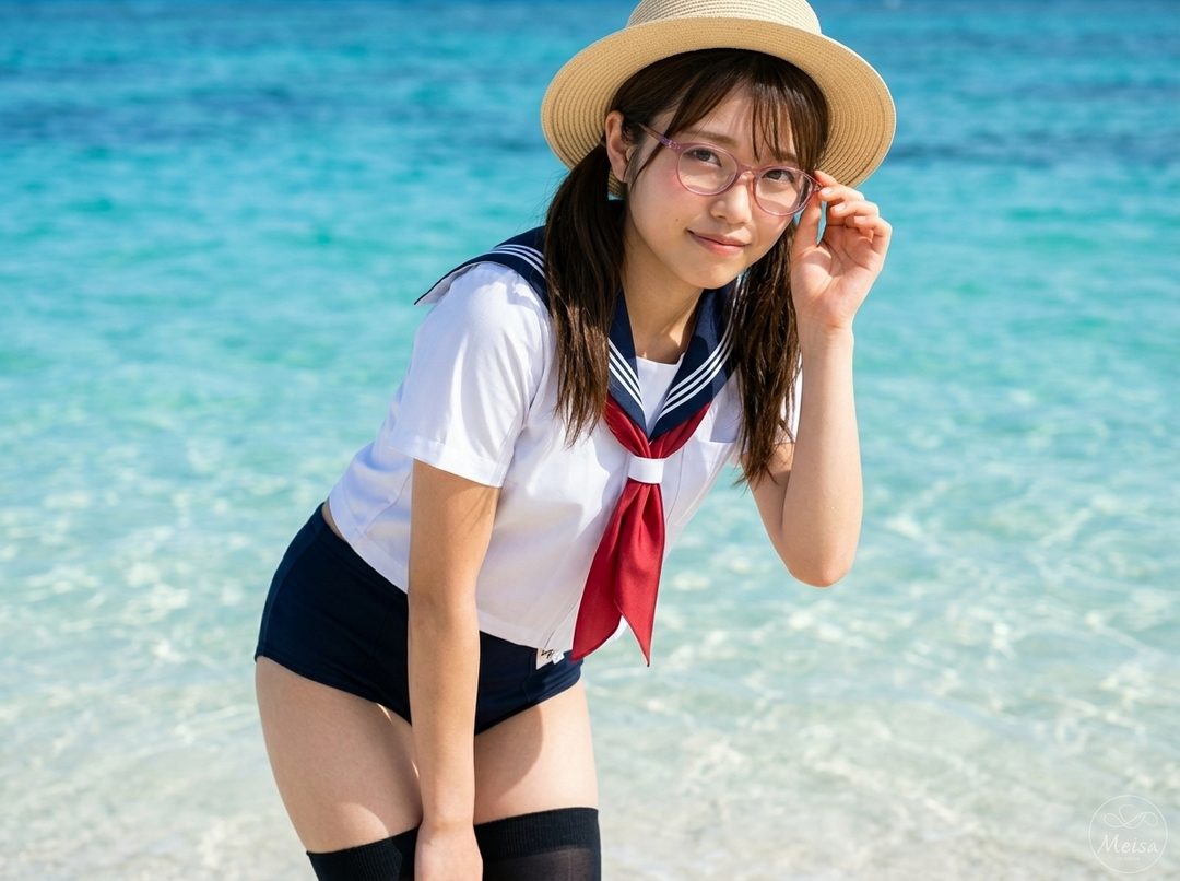 A young woman in a sailor-style uniform and straw hat poses on a beach with clear blue water.