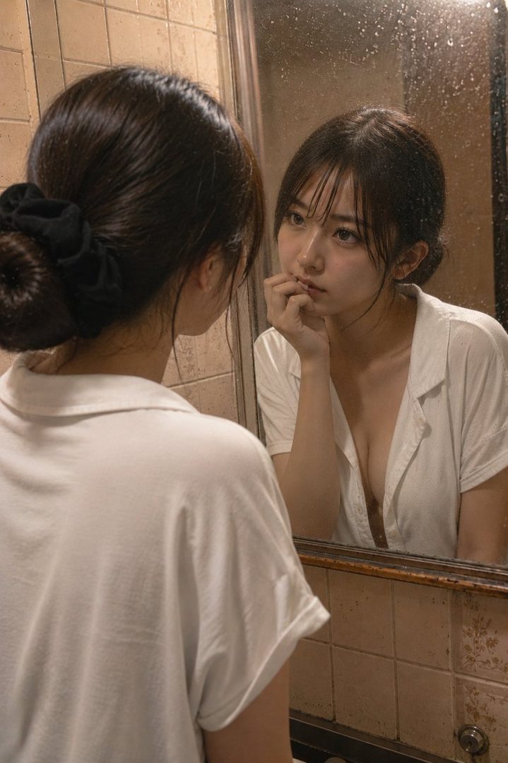 A young Japanese woman with dark hair tied in a bun looks at her reflection in a steamy bathroom mirror, wearing a loose white shirt with an open neckline.