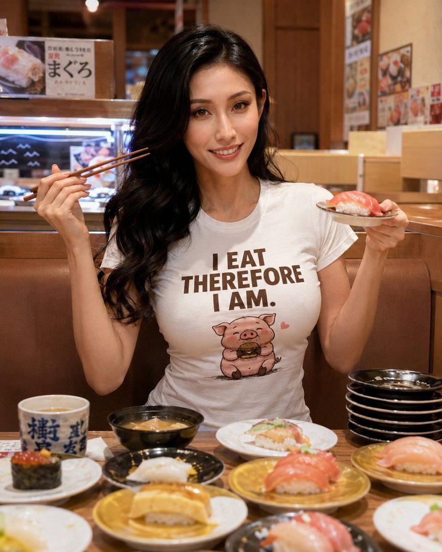 A smiling East Asian woman with long black hair sits at a sushi restaurant, holding chopsticks and a plate of sushi, wearing a t-shirt that says 'I Eat Therefore I Am'.