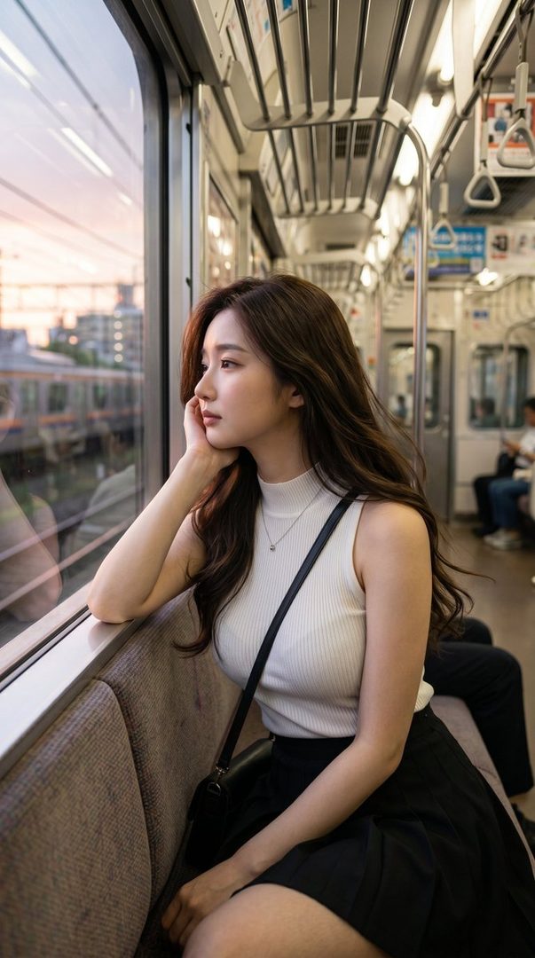 A young woman with long brown hair looks out the window of a train, resting her chin on her hand.