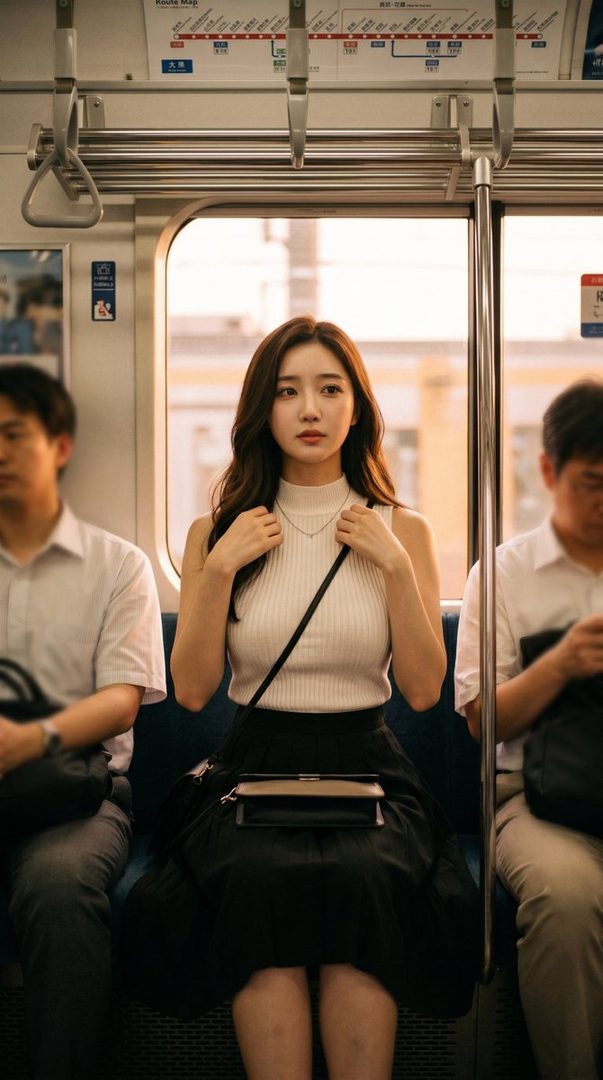 A young woman with long brown hair sits on a train, looking thoughtfully out of frame. She wears a white sleeveless top and a black skirt, with a crossbody bag.