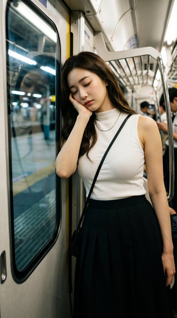 A young woman with long brown hair is sleeping peacefully while leaning against the window of a train.