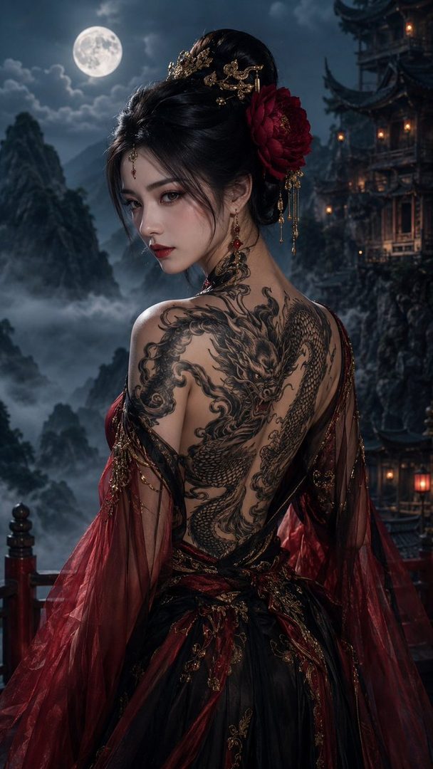 A woman with a large dragon tattoo on her back, wearing a red and black dress, posing outdoors at night with a full moon in the sky.