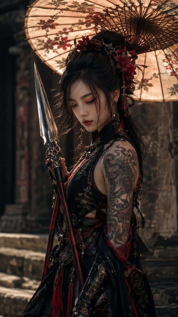 A photorealistic portrait of an East Asian woman in traditional dark attire, holding a spear and a decorative umbrella, with intricate dragon tattoos on her arm.