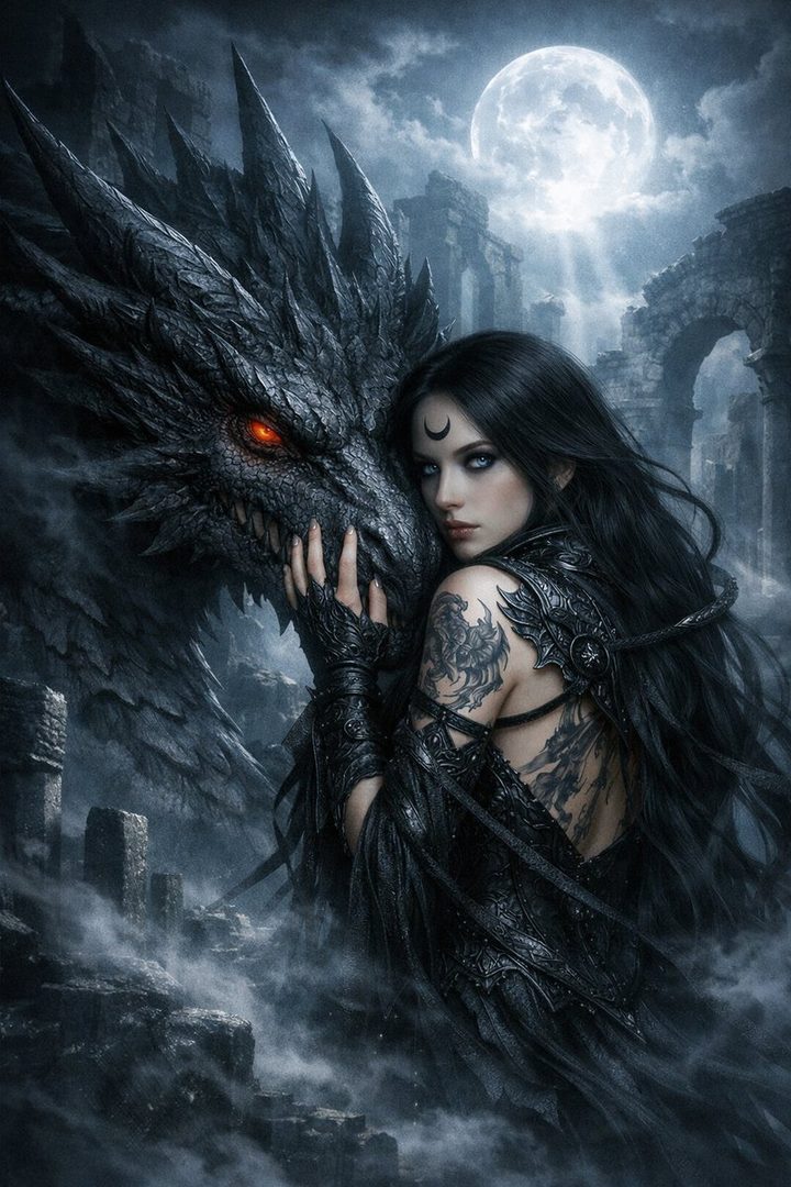 A dark fantasy portrait of a woman with long black hair and tattoos, standing next to a black dragon under a full moon in misty ruins.