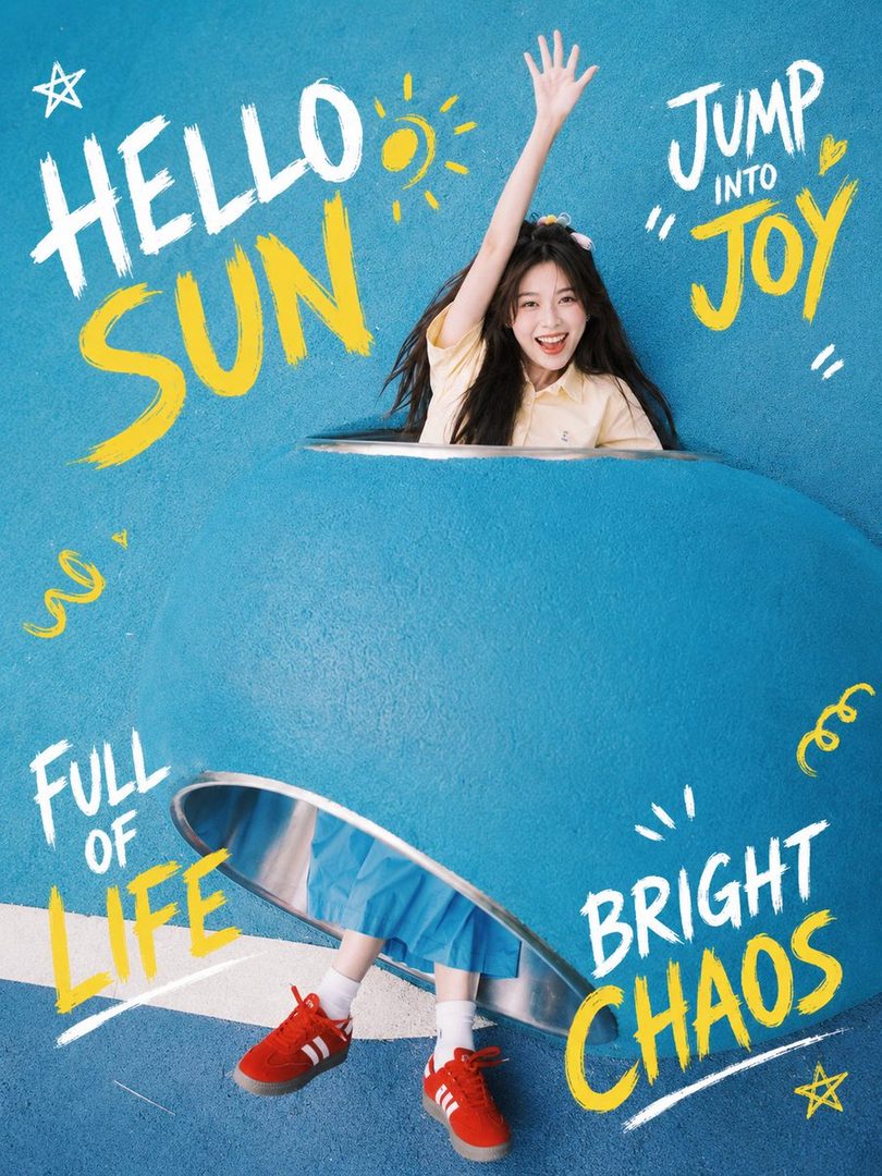 A young woman with long dark hair smiles and waves, emerging from a blue structure with colorful text overlays.