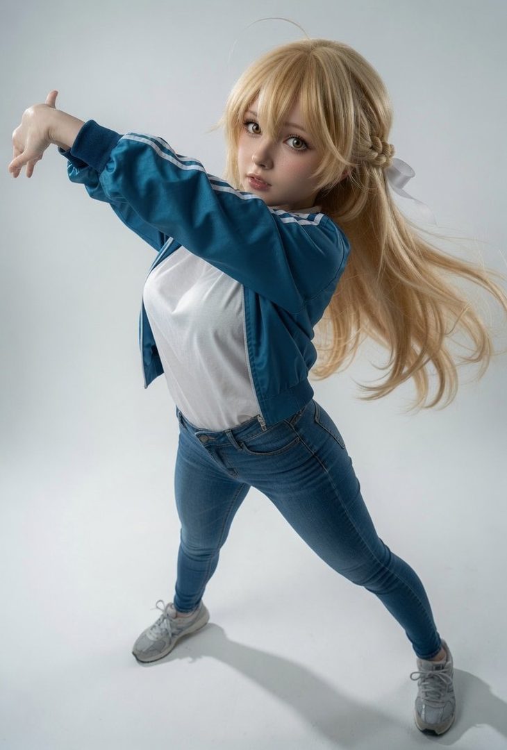 A young woman with long blonde hair braided with a white ribbon, wearing a blue track jacket over a white t-shirt and blue jeans, poses dynamically in a studio setting.