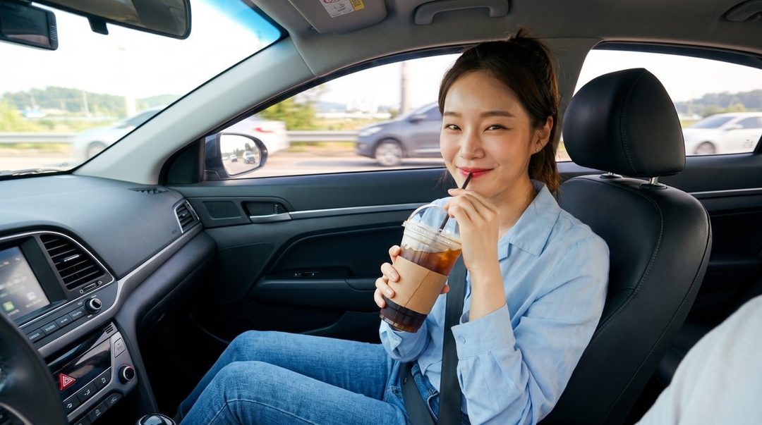 A young East Asian woman with her hair in a ponytail, wearing a blue shirt and jeans, smiles while drinking an iced beverage in the passenger seat of a car.