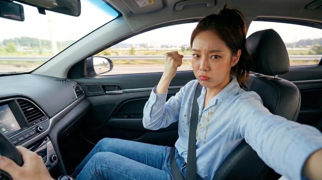 A young woman with her hair in a ponytail, sitting in the driver's seat of a car, makes a grumpy face and clenches her fist.