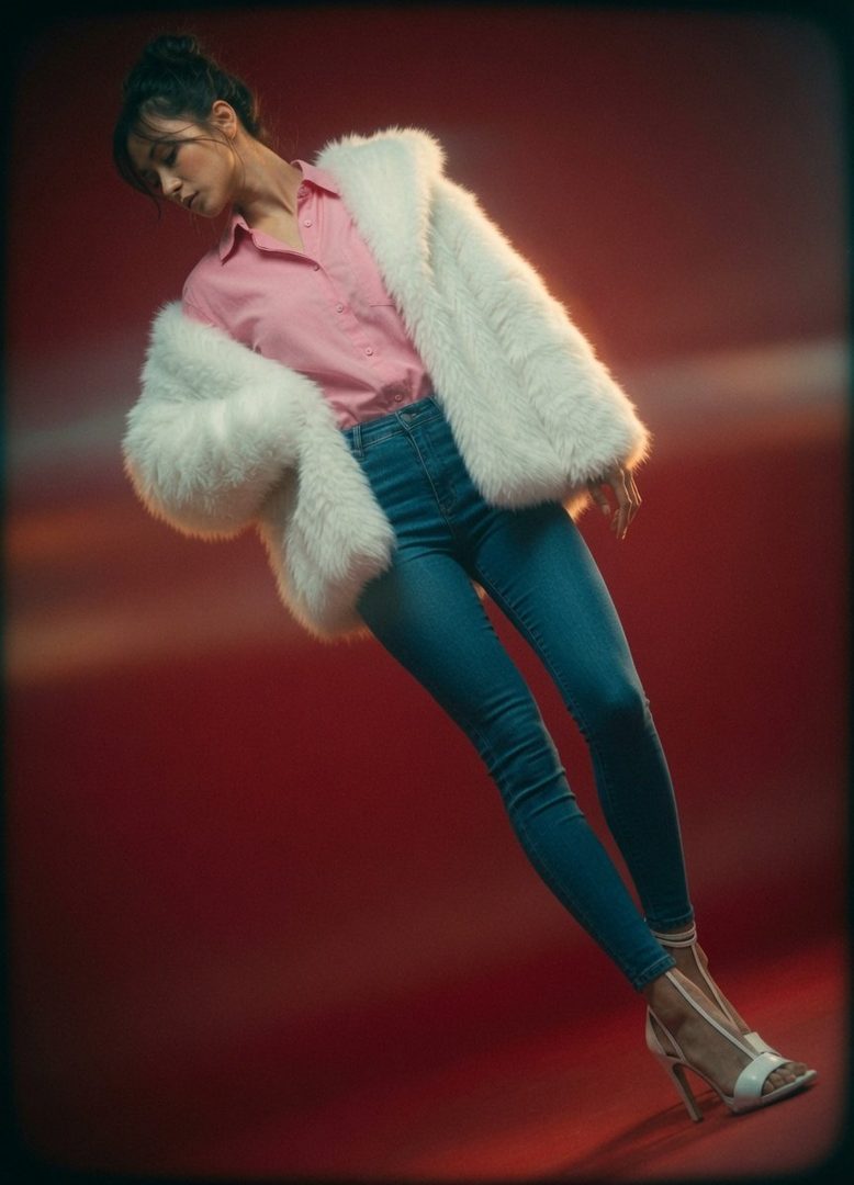 A woman with her hair in a bun, wearing a pink shirt, blue jeans, and a white fluffy coat, posing against a red background.