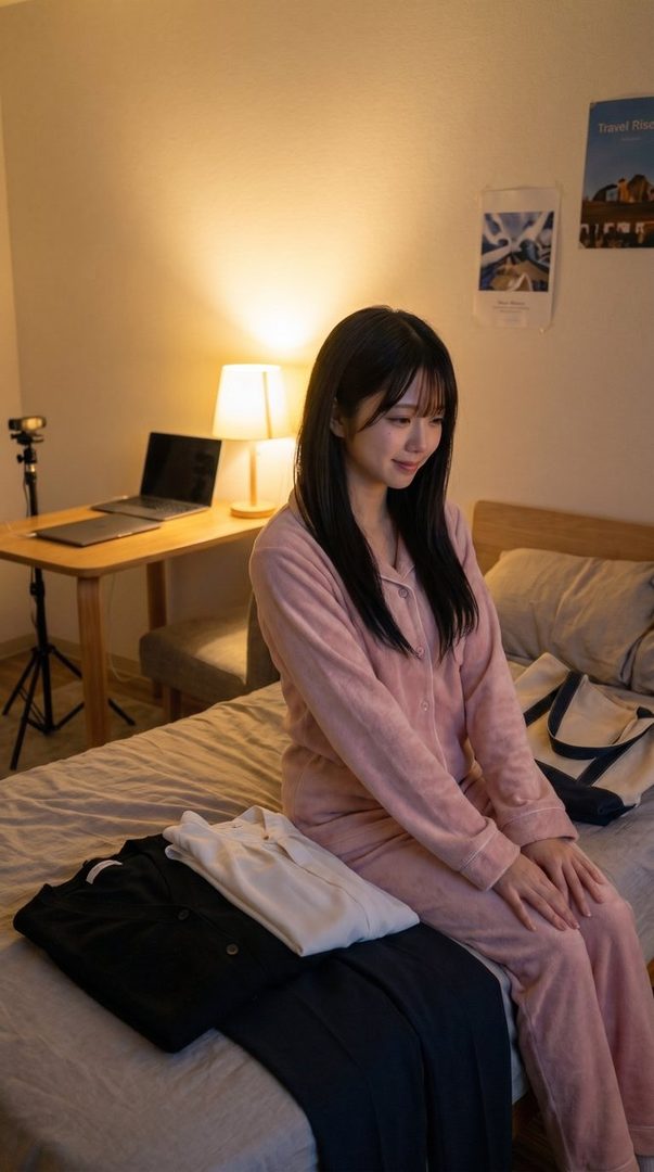 A young East Asian woman in pink pajamas sits on a bed, looking down with a gentle smile, with clothes folded neatly beside her.