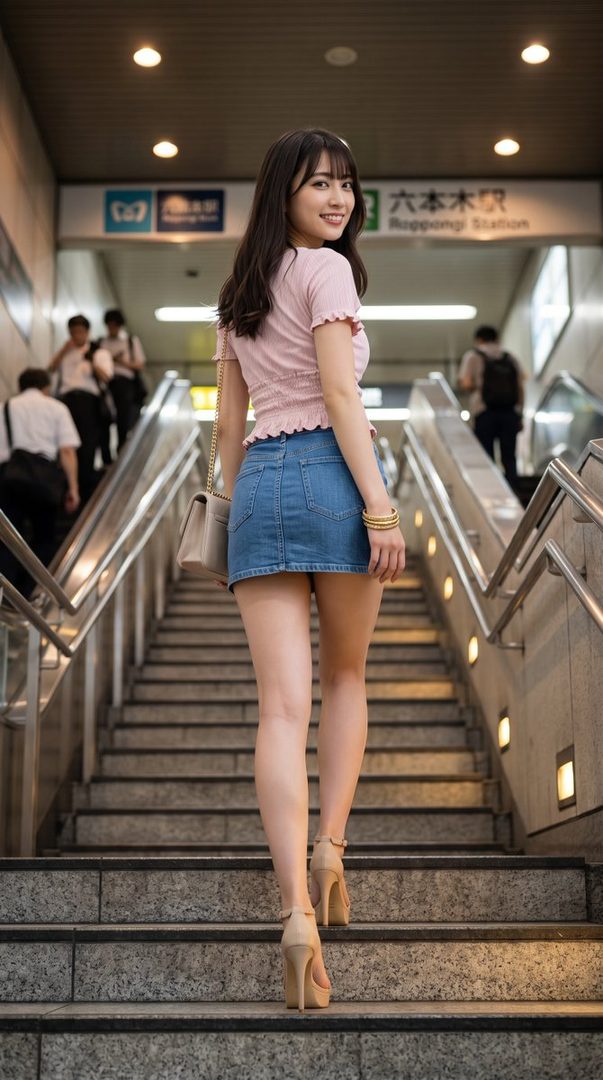 A young woman with long dark hair smiles over her shoulder while walking up stairs in a subway station.