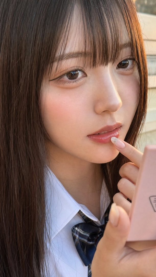 A close-up portrait of a young East Asian woman with long brown hair and bangs, wearing a white blouse and a school uniform tie, checking her lipstick in a compact mirror.