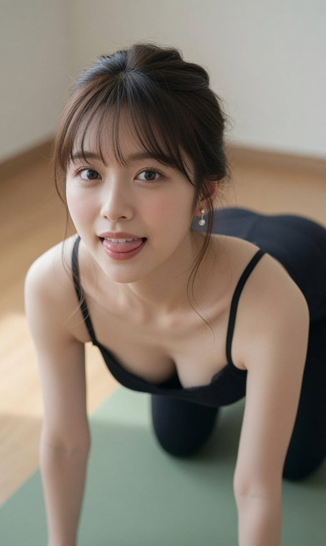 A young woman with dark hair tied up, wearing a black sports bra, poses on a yoga mat indoors, sticking her tongue out playfully.