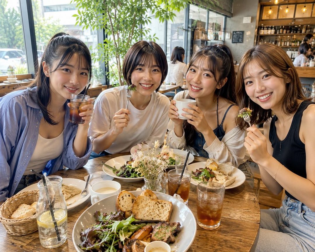 Four young East Asian women smiling and enjoying a meal together at a cafe.