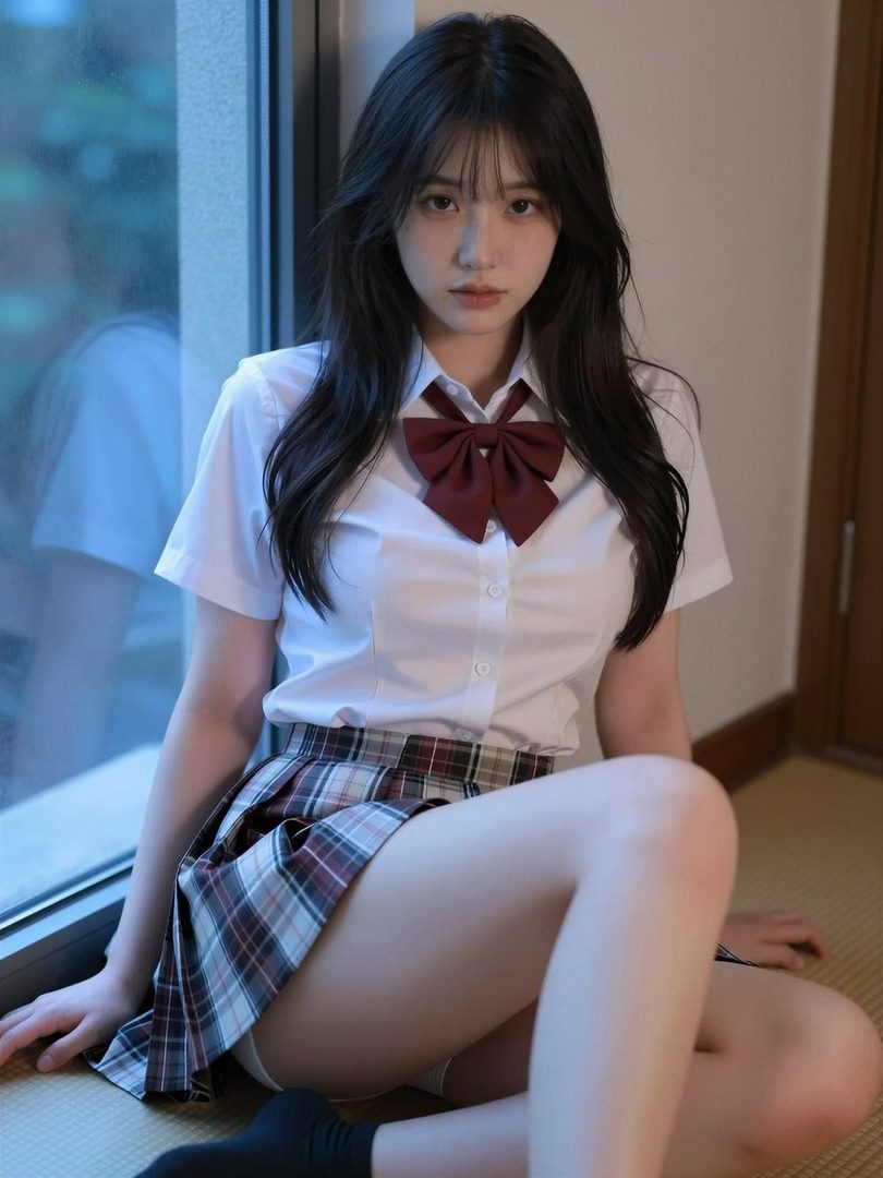 A young woman in a Japanese school uniform sits indoors by a window, looking at the camera.