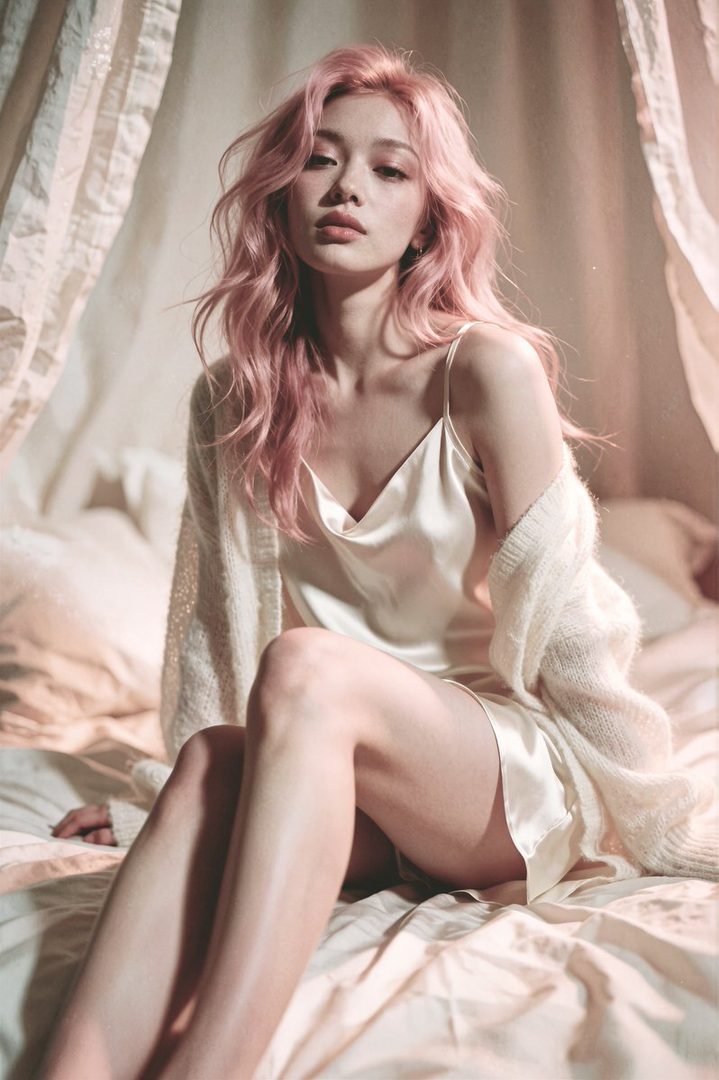 A young woman with long, wavy pink hair sits on a bed, wearing a satin slip dress and a cardigan. She looks towards the camera with a soft expression.