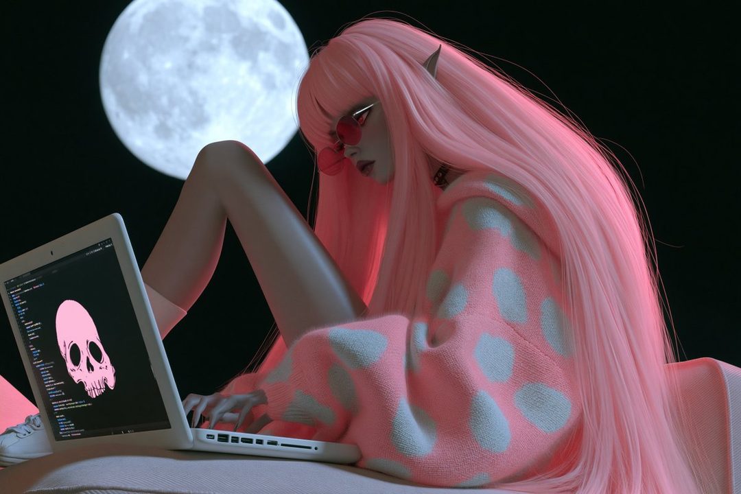 A young woman with long pink hair and elf ears, wearing a pink polka dot sweater and sunglasses, sits in front of a laptop displaying code and a skull icon, with a large moon in the background.