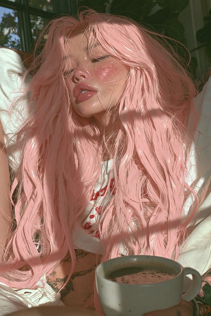 A young woman with long, wavy pink hair and freckles, wearing a casual outfit, holds a cup of coffee.