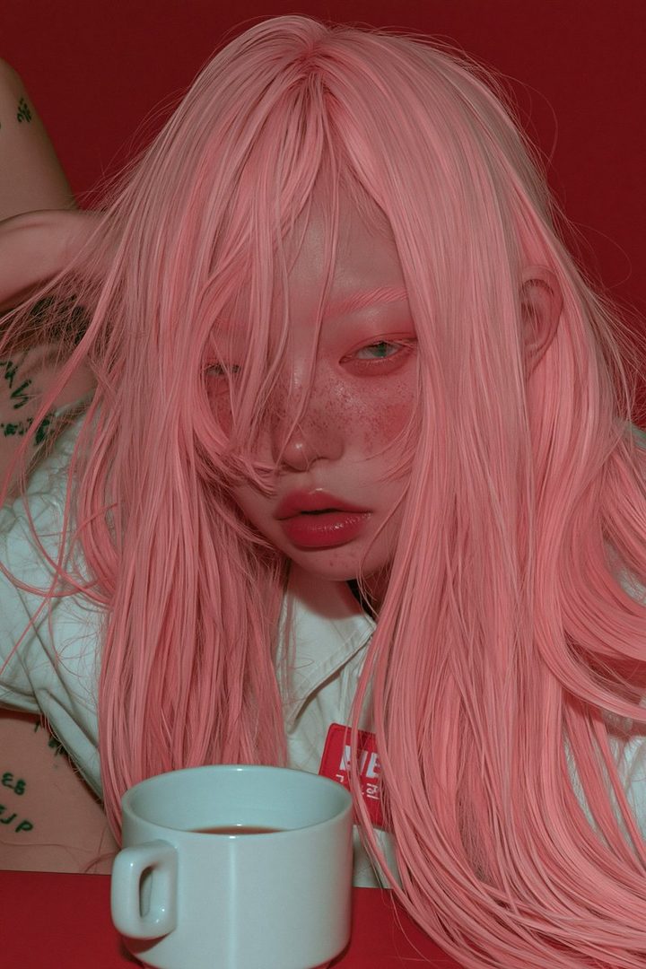 A close-up portrait of an AI-generated person with long, flowing pink hair, fair skin with freckles, and striking blue eyes, holding a white mug.