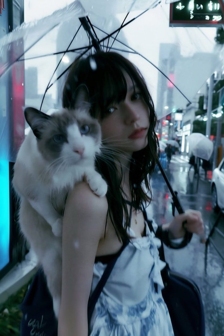 A young woman with long dark hair holds a cat on her shoulder while standing under a clear umbrella on a rainy city street.