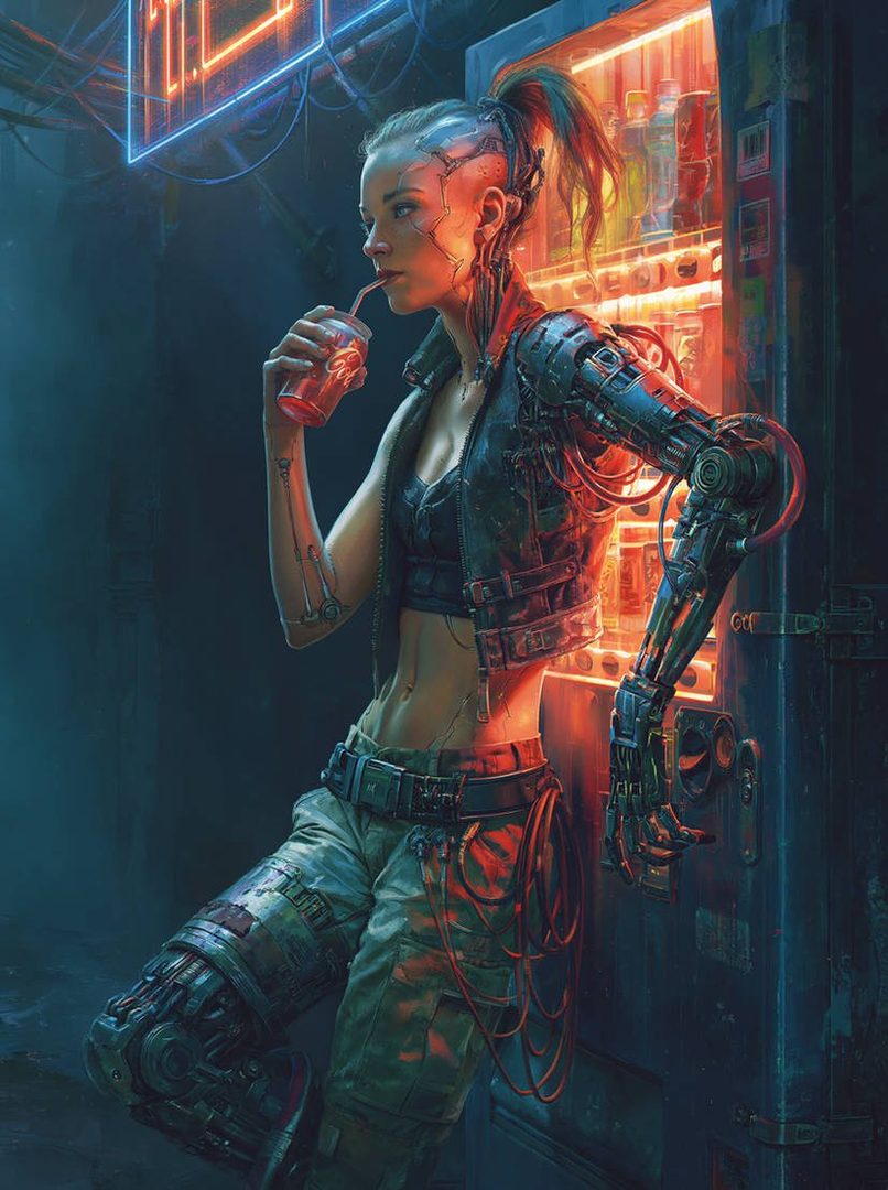 A cyborg woman with a robotic arm drinks from a soda cup next to a glowing vending machine in a futuristic city.