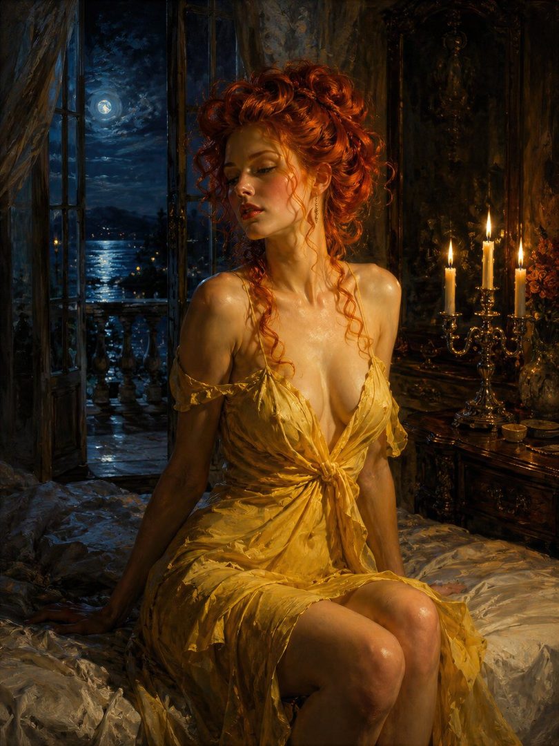 A woman with vibrant red curly hair and a flowing yellow dress sits indoors by a window overlooking a moonlit sea, with candles flickering nearby.
