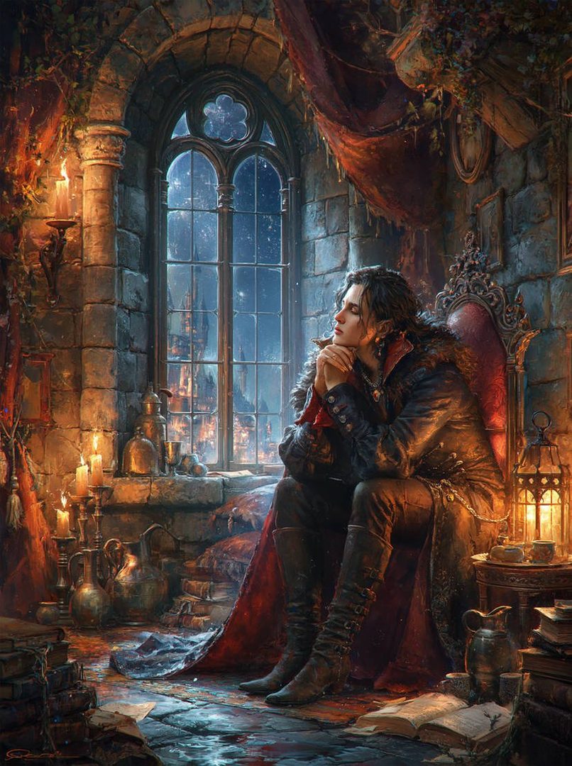 A person in gothic attire sits by a window in a dimly lit castle room, looking out at a starry night sky over a city.