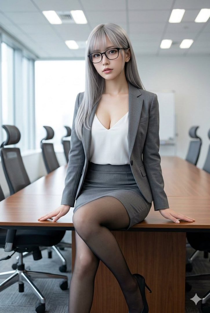 A woman in a grey suit and white top with glasses sits at a conference table in an office.