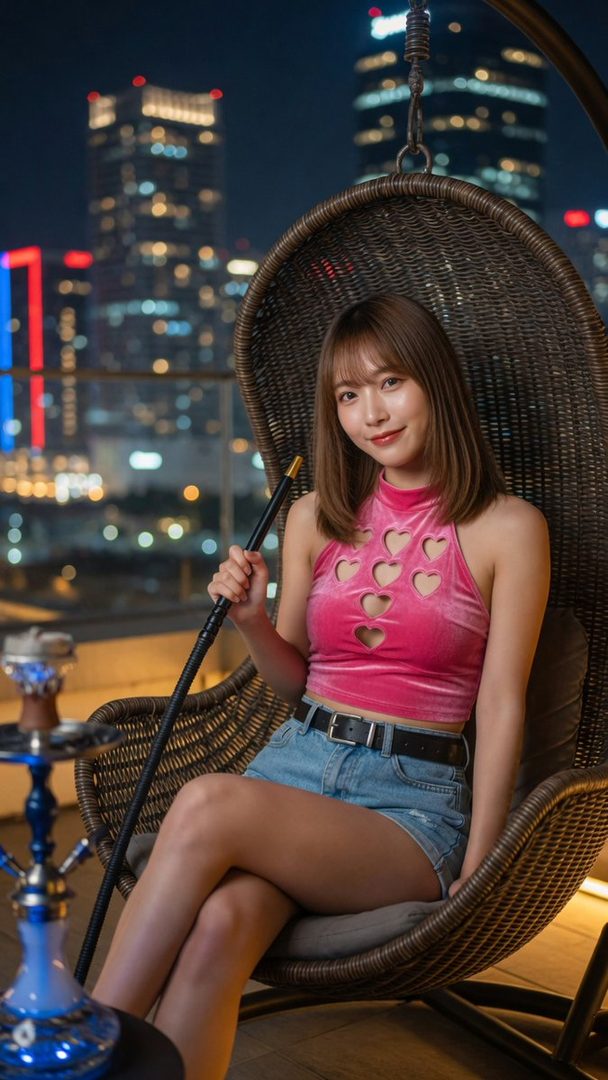 A young East Asian woman with shoulder-length brown hair sits in a hanging chair on a rooftop at night, holding a hookah hose, wearing a pink heart-cutout crop top and denim shorts.