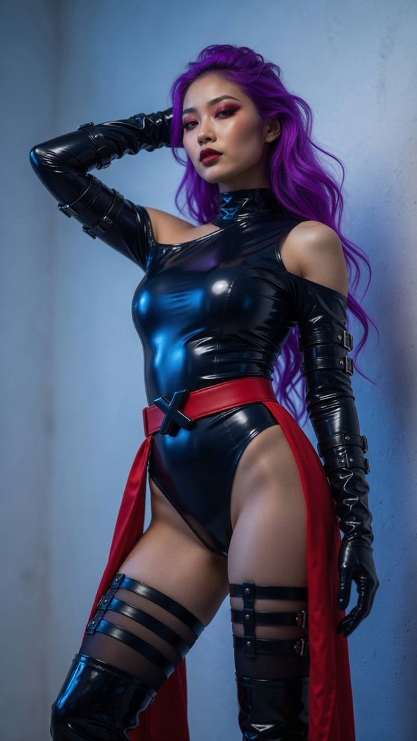 Photorealistic portrait of an Asian woman with purple hair in a black latex bodysuit and red accents, posing confidently.