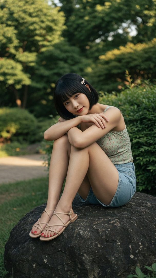 A young East Asian woman with a short black bob haircut sits on a rock in a park, wearing a floral top and denim shorts.