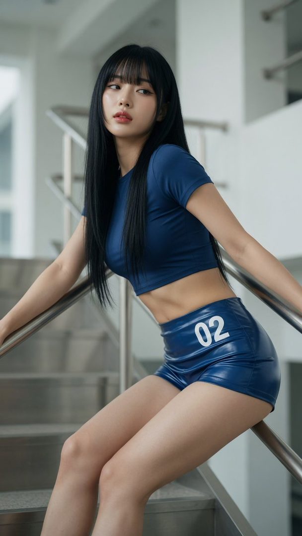 A young East Asian woman with long black hair and bangs, wearing a blue crop top and shiny blue shorts with '02' on them, posing on indoor stairs.