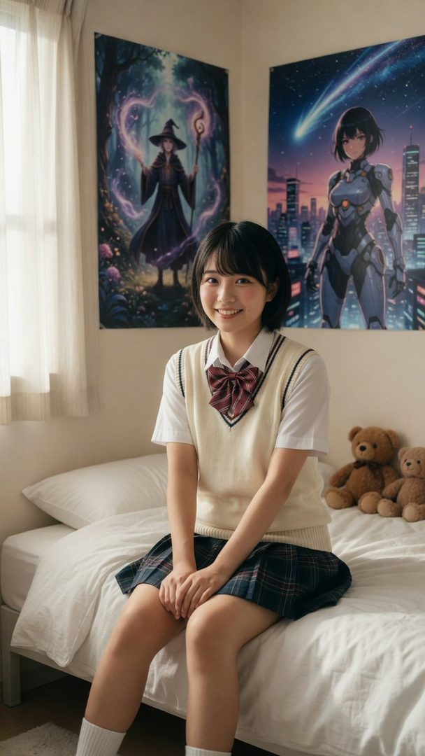 A young Japanese girl in a school uniform sits on a bed, smiling at the camera, with anime posters on the wall.