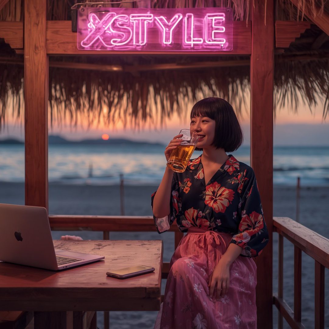 A young East Asian woman with short black hair, wearing a floral print kimono-style top and a pink skirt, drinks beer on a beach at sunset, with a laptop on the table.