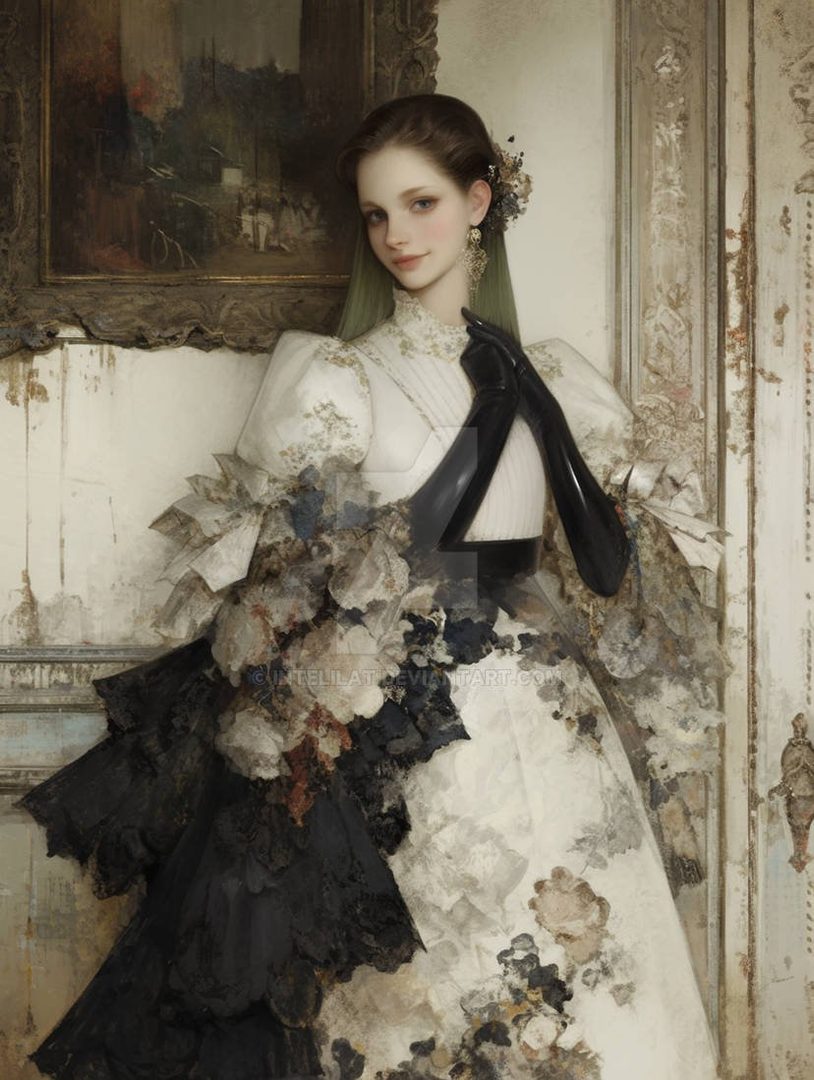 A young woman with long brown hair and green tips, wearing an elaborate white and black dress with ruffled sleeves and black gloves, poses elegantly indoors.