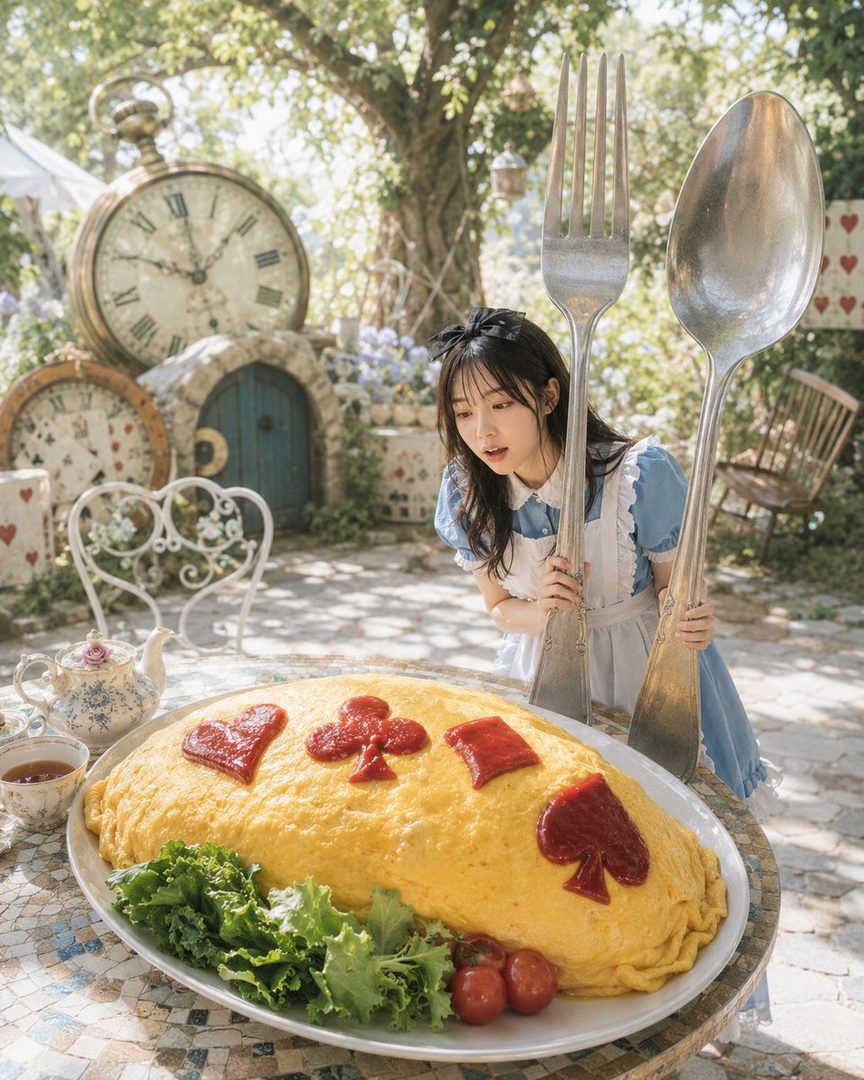 A young woman dressed as Alice in Wonderland poses with giant cutlery next to a large omelet decorated with card suits.