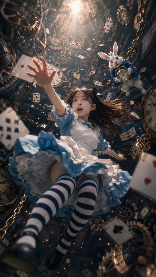 A young woman dressed as Alice in Wonderland falls through a surreal space filled with clocks, gears, and playing cards, reaching out her hand.