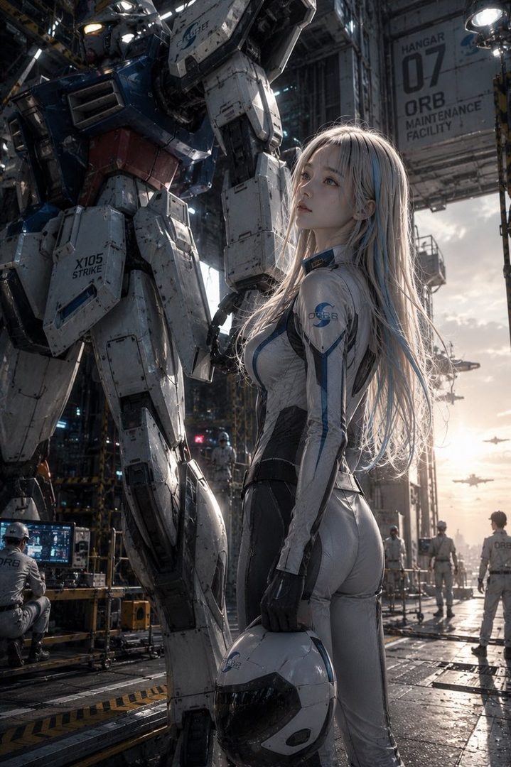 A woman in a futuristic white and blue suit stands next to a giant robot in a hangar.