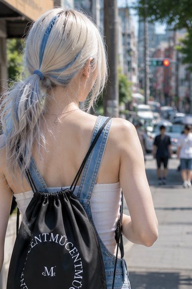 A young woman with blonde hair tied in a ponytail, wearing denim overalls and a white top, walks down a city street carrying a black backpack.