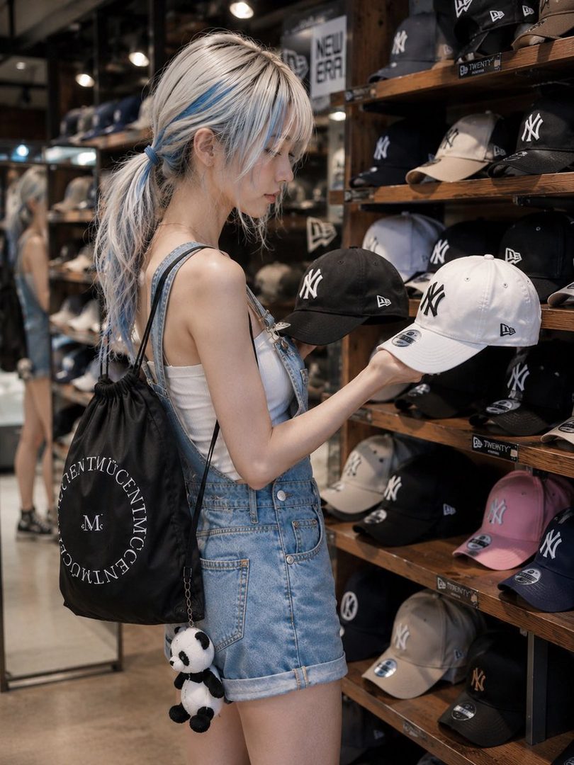 A young woman with blonde and blue-streaked hair in a ponytail, wearing denim overalls, shops for baseball caps in a store.