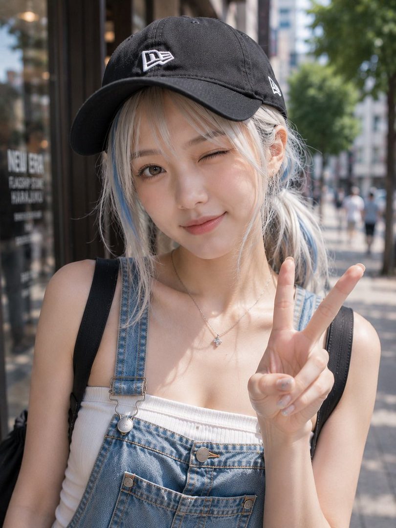 A young woman with blonde hair and blue streaks, wearing a black baseball cap and denim overalls, winks and holds up two fingers in a peace sign on a sunny street.