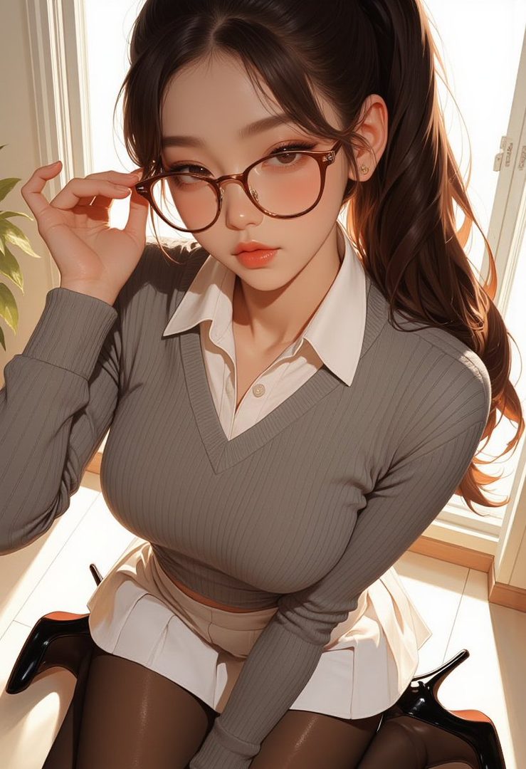 A young East Asian woman with long brown hair in a ponytail, wearing glasses, a white blouse, and a grey sweater, poses indoors.