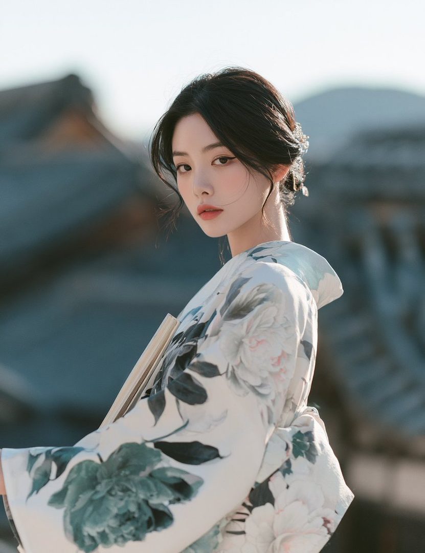 A beautiful East Asian woman with black hair styled up, wearing a white kimono with floral patterns, posing outdoors with a fan.